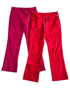 Bundle Smitten Womens Sz Small Drawstring Scrub Pants Red & Pink Stretch Pockets